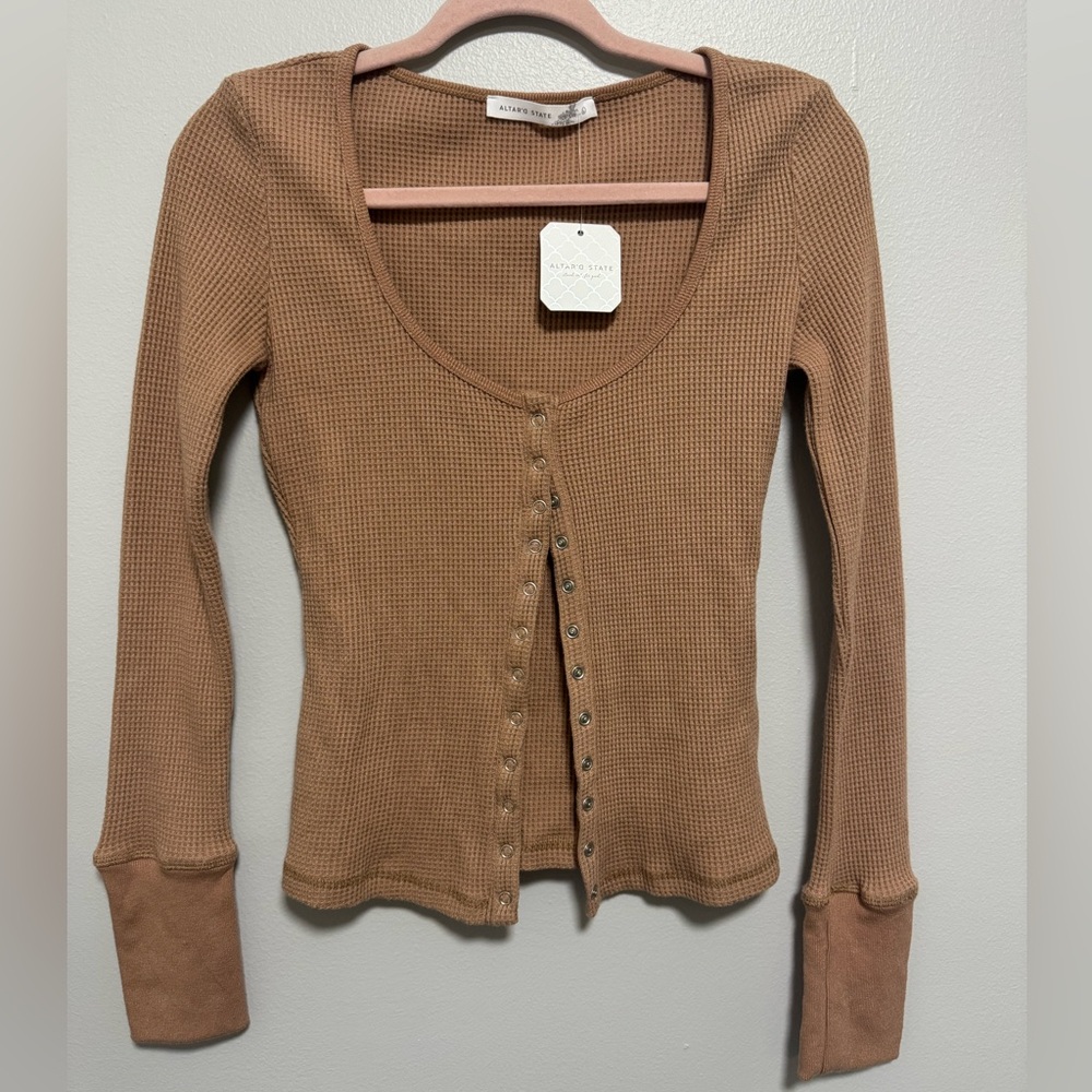 Altar’d State Brown Button Snap Waffle Knit Long Sleeve Top